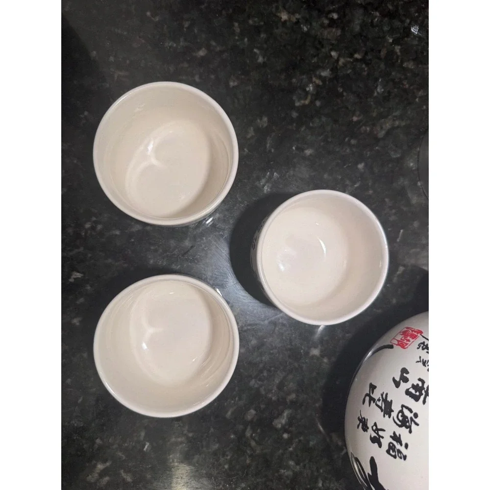 Ceramic Tea Set White Black Asian Calligraphy 